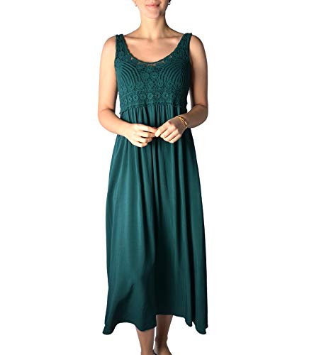 U&F Damen-Kleid mit Spitze I knöchellanges Kleid für Frühling, Sommer & Herbst I langes Freizeit-Kleid I fließender, luftiger Stoff I verspielte Häkelspitze I Dunkelgrün lang L von WOMEN'S WEAR U&F FASHIONSTORE