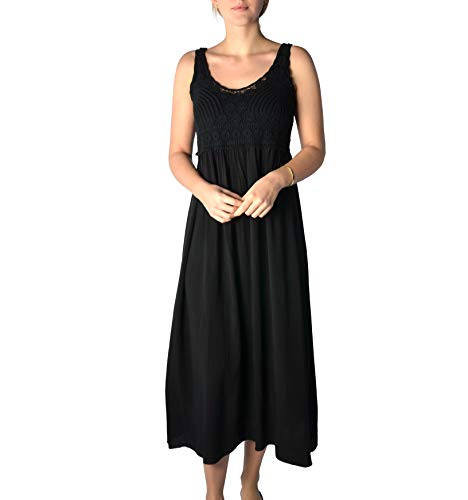 U&F Damen-Kleid mit Spitze I knöchellanges Kleid für Frühling, Sommer & Herbst I langes Freizeit-Kleid I fließender, luftiger Stoff I verspielte Häkelspitze I Schwarz lang L von WOMEN'S WEAR U&F FASHIONSTORE