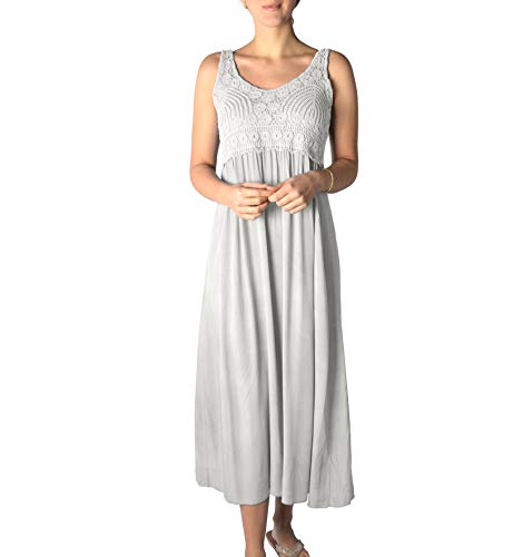 U&F Damen-Kleid mit Spitze I knöchellanges Kleid für Frühling, Sommer & Herbst I langes Freizeit-Kleid I fließender, luftiger Stoff I verspielte Häkelspitze I Weiß lang L von WOMEN'S WEAR U&F FASHIONSTORE