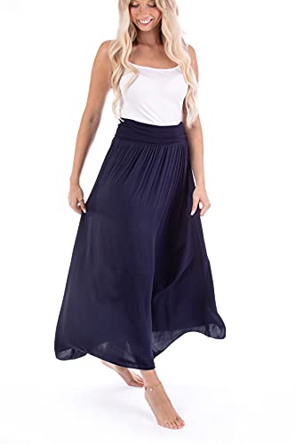 U&F Damen Maxi-Rock mit hohem Gummibund | S-XL I Rock für Frühling & Sommer | für die Schwangerschaft | Knöchellanger Faltenrock oder Maxirock | Sommerrock für den Strand | Dunkelblau Größe L von WOMEN'S WEAR U&F FASHIONSTORE