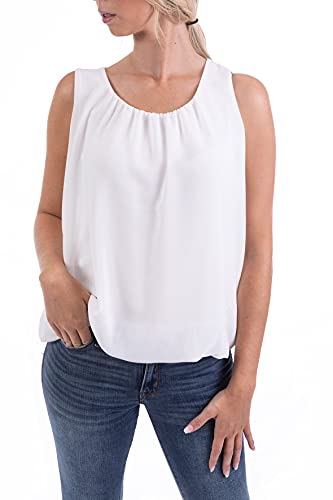 U&F Damen Sommer Basic Chiffon Tunika Top mit Wasserfallkragen und Gummizug am Saum | Tunika Top für Frühling, Sommer und Herbst oder Elegant als Abendgarderobe |Weiß Größe: XL von WOMEN'S WEAR U&F FASHIONSTORE