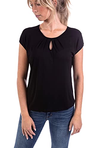 U&F Damen Sommer Basic T-Shirt Kurzarm | Gr. S-XXL | Umspieltes Dekollete in Rundhals und Gummizug am Saum für Frühling, Sommer oder Herbst | Schwarz Größe: L von WOMEN'S WEAR U&F FASHIONSTORE