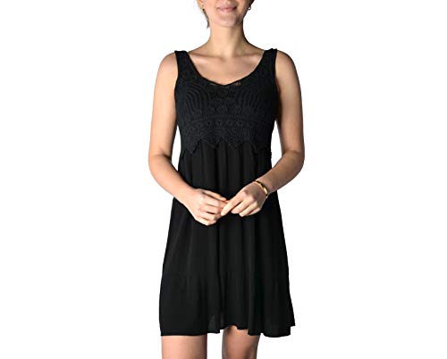 WOMEN'S WEAR U&F FASHIONSTORE U&F Damen-Kleid mit Spitze I knielanges Kleid für Frühling, Sommer & Herbst I kurzes Freizeit-Kleid I fließender, luftiger Stoff I verspielte Häkelspitze I Schwarz M von WOMEN'S WEAR U&F FASHIONSTORE