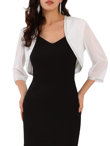 WOMLAYOUT Damen Abend Bolero mit Pailletten und Perlen vorne offen Weiß S von WOMLAYOUT