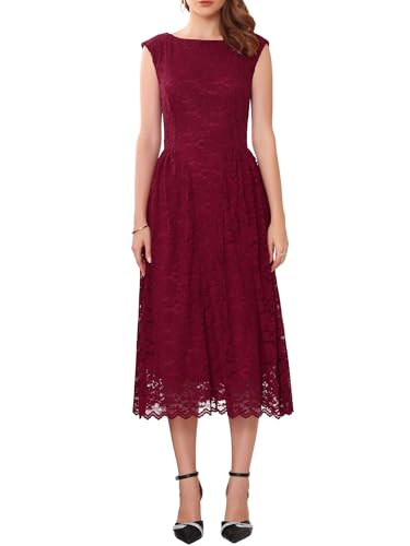 WOMLAYOUT Damen Abend Spitzen Kleid Hochzeits 2025 U-Boot Ausschnitt Vintage Formelle Cocktail Midikleider Rot XL von WOMLAYOUT