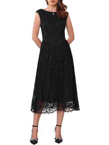 WOMLAYOUT Damen Abend Spitzen Kleid Hochzeits 2025 U-Boot Ausschnitt Vintage Formelle Cocktail Midikleider Schwarz M von WOMLAYOUT