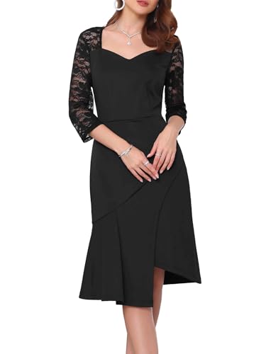 WOMLAYOUT Damen Abendkleid aus Spitze 3/4-Ärmel Herzförmiger Ausschnitt Elegant Cocktail Kleider Schwarz XL von WOMLAYOUT