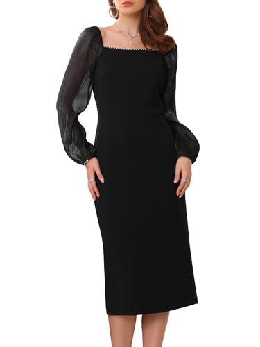 WOMLAYOUT Damen Abendkleid mit Quadratischem Ausschnitt Netzstoff Lange Ärmel Cocktail Midikleid Bleistiftkleider Schwarz L von WOMLAYOUT