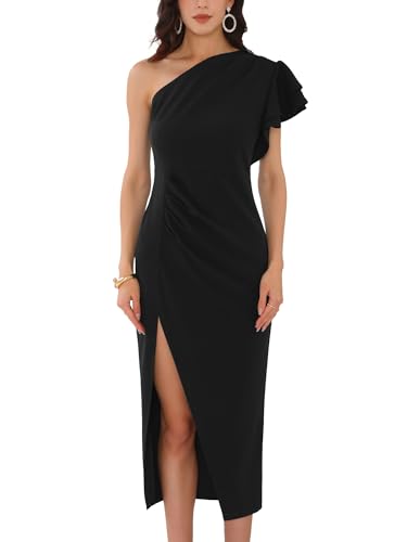 WOMLAYOUT Damen Abendkleid mit Rüschen Geteiltem Saum Einer Schulter Cocktail Midikleid Schwarz L von WOMLAYOUT