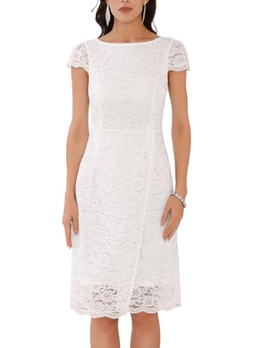 WOMLAYOUT Damen Blumen Spitze Kleid Flügelärmel U-Boot Ausschnitt Hochzeit Cocktail Midi Kleider Weiß M von WOMLAYOUT