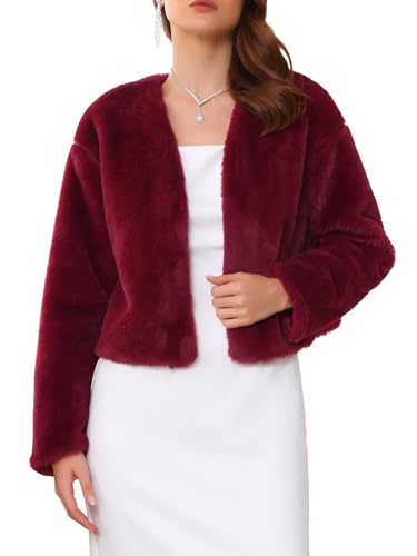 WOMLAYOUT Damen Bolero Formelle Cocktail Braut Hochzeit Elegante Kunstpelz Fell Jacke Burgund M von WOMLAYOUT