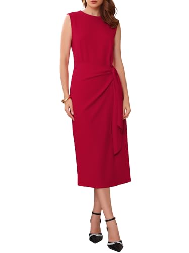 WOMLAYOUT Damen Business Cocktailkleid 2025 Vorne Binden Wickeln Formelle Elegante Ärmellose Etuikleider Rot M von WOMLAYOUT