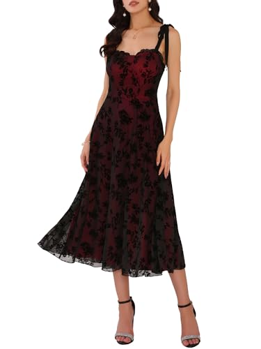 WOMLAYOUT Damen Elegant Blumen Kleid Spaghettiträger Netzstoff Gothic Ärmelloses in A-Linie Cocktailkleid Schwarz L von WOMLAYOUT