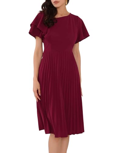 WOMLAYOUT Damen Elegantes Plissee Kleid Rüschen Asymmetrischer Ausschnitt A-Linie Freizeit Midi Kleid Dunkelrot L von WOMLAYOUT