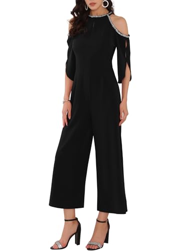 WOMLAYOUT Damen Neckholder Pailletten Jumpsuits Kalte Schulter Party Cocktail Jumpsuits mit Weitem Bein Schwarz M von WOMLAYOUT