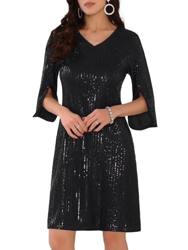 WOMLAYOUT Damen Pailletten Glitzer Kleid Geteilte Ärmel V-Ausschnitt Party Cocktail Minikleider Schwarz S von WOMLAYOUT