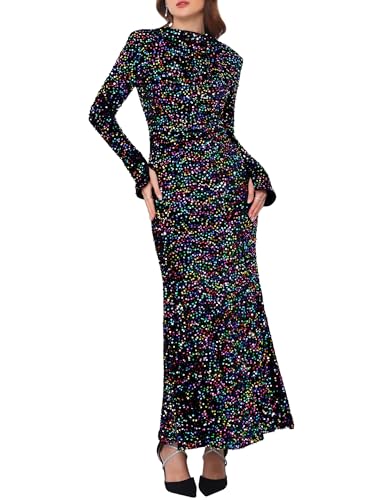WOMLAYOUT Damen Pailletten Maxikleid Samt Rundhals Langarm Cocktail Abend Bodycon Kleid Schwarz L von WOMLAYOUT