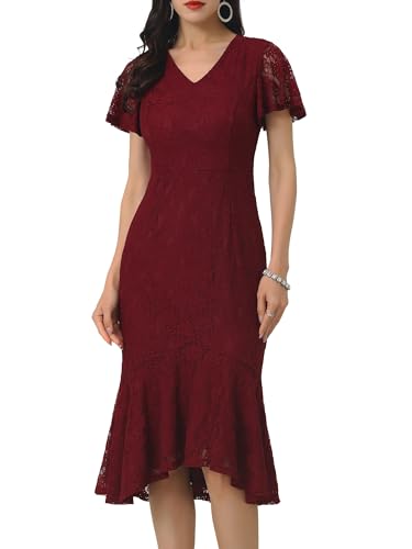 WOMLAYOUT Damen Spitzen Blumen Kleid mit Fischschwanz Formelles Kurzärm Cocktailkleid Midikleid Burgund L von WOMLAYOUT