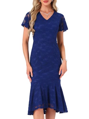 WOMLAYOUT Damen Spitzen Blumen Kleid mit Fischschwanz Formelles Kurzärm Cocktailkleid Midikleid Dunkelblau L von WOMLAYOUT