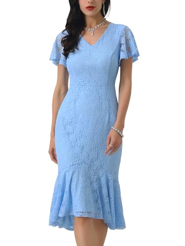 WOMLAYOUT Damen Spitzen Blumen Kleid mit Fischschwanz Formelles Kurzärm Cocktailkleid Midikleid Hellblau XL von WOMLAYOUT