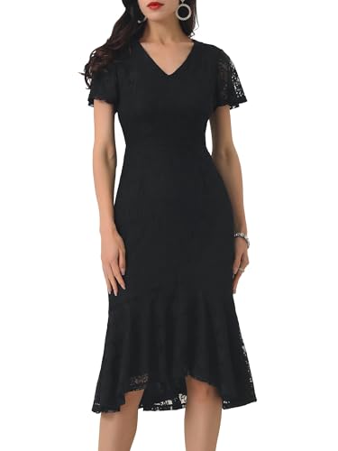 WOMLAYOUT Damen Spitzen Blumen Kleid mit Fischschwanz Formelles Kurzärm Cocktailkleid Midikleid Schwarz L von WOMLAYOUT