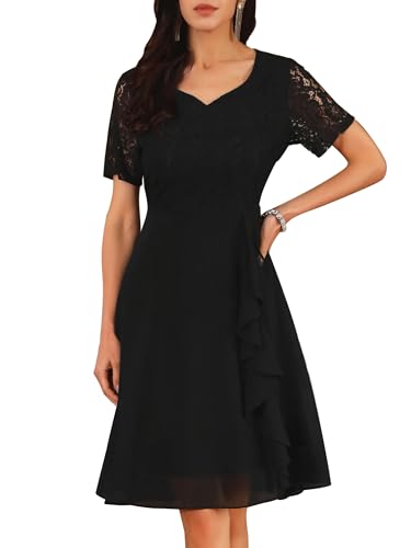 WOMLAYOUT Damen Spitzen Chiffon Kleid mit Rüschen Braut Hochzeit Cocktail Midikleid Schwarz L von WOMLAYOUT