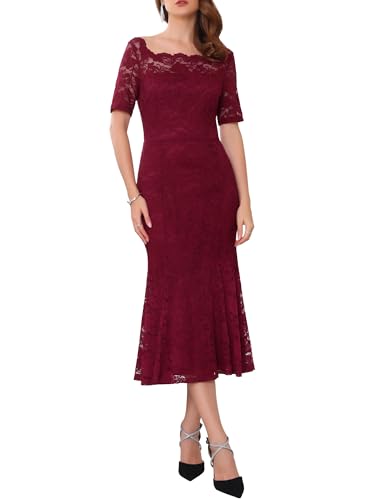 WOMLAYOUT Damen Spitzen Hochzeit Abendkleider Kurzarm Formale Schulterfreies Cocktail Midikleid Burgund M von WOMLAYOUT