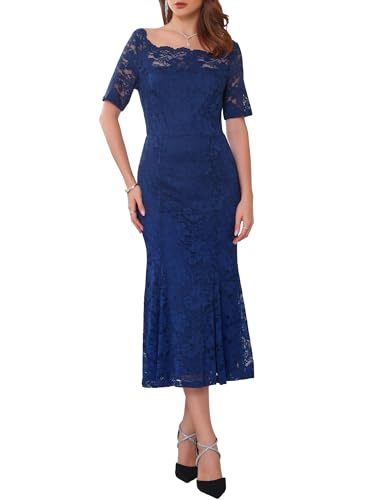 WOMLAYOUT Damen Spitzen Hochzeit Abendkleider Kurzarm Formale Schulterfreies Cocktail Midikleid Dunkelblau M von WOMLAYOUT