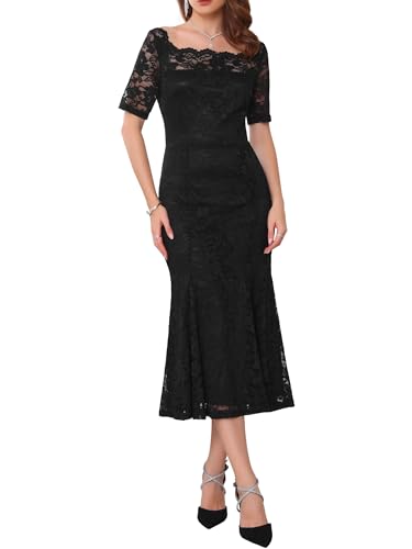 WOMLAYOUT Damen Spitzen Hochzeit Abendkleider Kurzarm Formale Schulterfreies Cocktail Midikleid Schwarz M von WOMLAYOUT