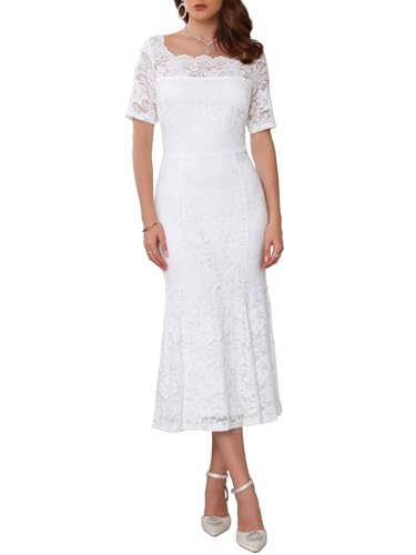WOMLAYOUT Damen Spitzen Hochzeit Abendkleider Kurzarm Formale Schulterfreies Cocktail Midikleid Weiß M von WOMLAYOUT