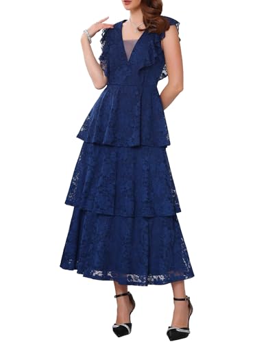 WOMLAYOUT Damen Spitzen Abendkleid Hochzeits Cocktail Rüschen Flügelärmel A-Linie Maxikleid Blau S von WOMLAYOUT