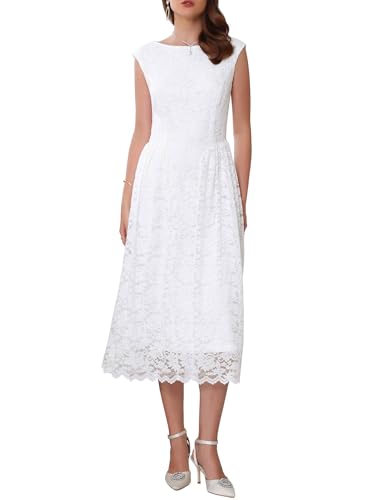 WOMLAYOUT Damen Abend Spitzen Kleid Hochzeits 2025 U-Boot Ausschnitt Vintage Formelle Cocktail Midikleider Weiß S von WOMLAYOUT