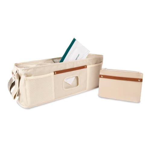 WONDERFOLD W4 Elternkonsole Kinderwagen Organizer mit Getränkehalter, Wickeltasche Buggy - Große Aufbewahrung, Abnehmbarer Schulterriemen - Ideal für Baby Zubehör Beige von WONDERFOLD