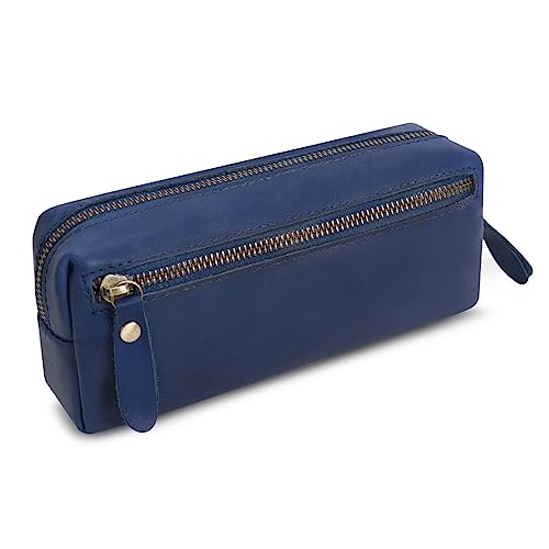 Wonderpool Leder Federmäppchen Stiftetasche Markerhalter für Schreibwaren Make-up Utensilien Organizer mit großer Kapazität und Seitentasche Reißverschluss für Männer und Frauen (Blau) von Wonderpool