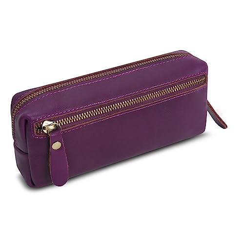 Wonderpool Leder Federmäppchen Stiftetasche Markerhalter für Schreibwaren Make-up Utensilien Organizer mit großer Kapazität und Seitentasche Reißverschluss für Männer und Frauen (Lila) von Wonderpool