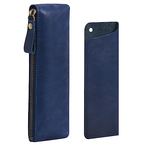 Wonderpool Leder 1pc Federmäppchen und 1pc Füllfederhalter Halter - Tragbarer Kompakter Zeichenstift Schreibwarenbeutel für Schule Büro Reise Organisator (Blau) von Wonderpool