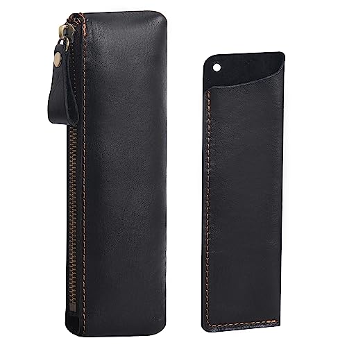 Wonderpool Leder 1pc Federmäppchen und 1pc Füllfederhalter Halter - Tragbarer Kompakter Zeichenstift Schreibwarenbeutel für Schule Büro Reise Organisator(Schwarz) von Wonderpool