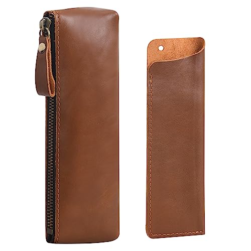 Wonderpool Leder 1pc Federmäppchen und 1pc Füllfederhalter Halter - Tragbarer Kompakter Zeichenstift Schreibwarenbeutel für Schule Büro Reise Organisator (Braun) von Wonderpool