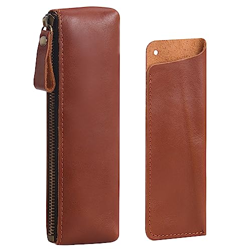 Wonderpool Leder 1pc Federmäppchen und 1pc Füllfederhalter Halter - Tragbarer Kompakter Zeichenstift Schreibwarenbeutel für Schule Büro Reise Organisator(Rotbraun) von Wonderpool