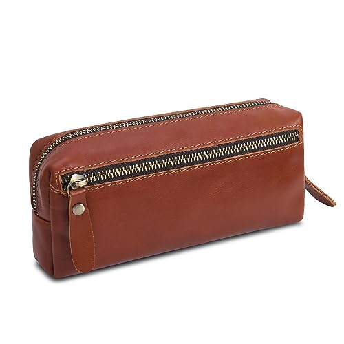 Wonderpool Leder Federmäppchen Stiftetasche Markerhalter für Schreibwaren Make-up Utensilien Organizer mit großer Kapazität und Seitentasche Reißverschluss für Männer und Frauen (Rotbraun) von Wonderpool