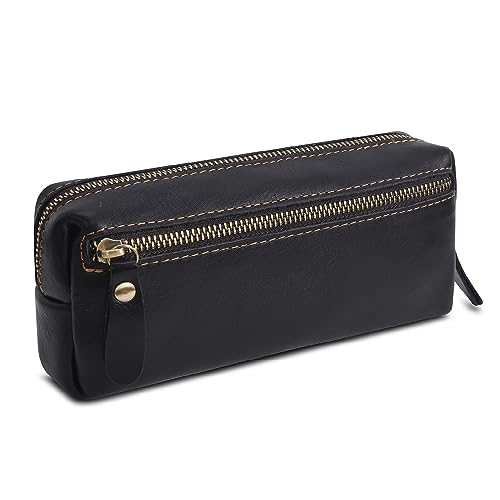 Wonderpool Leder Federmäppchen Stiftetasche Markerhalter für Schreibwaren Make-up Utensilien Organizer mit großer Kapazität und Seitentasche für Männer und Frauen (Schwarz) von Wonderpool