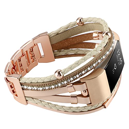 WONFAITH Posh Lederarmband, kompatibel mit Fitbit Charge 2, Boho-Armband, handgefertigt, mehrlagig, kompatibel mit Frauen, Khaki mit Rotgold, 5.3-7.5 inches (135mm-190mm) wristband, Böhmisch von WONFAITH