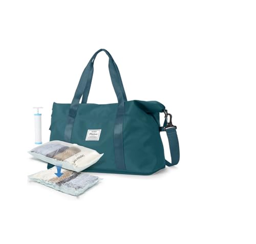 Reisetasche, Sporttasche, Turnbeutel, Schultertasche, Wochenendtasche, Übernachtungstasche für Damen, Pfauenblau (Seesack + Vakuumbeutel + Handpumpe), Groß von WONHOX