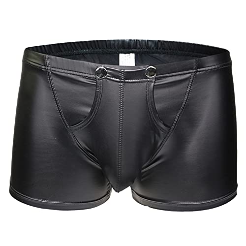 WONLINE Herren Sexy Boxershorts Unterhose Slip Latex ähnliche Pants Hipster Kunstleder Männer Unterwäsche schwarz Leder Shorts (M,schwarz) von WONLINE