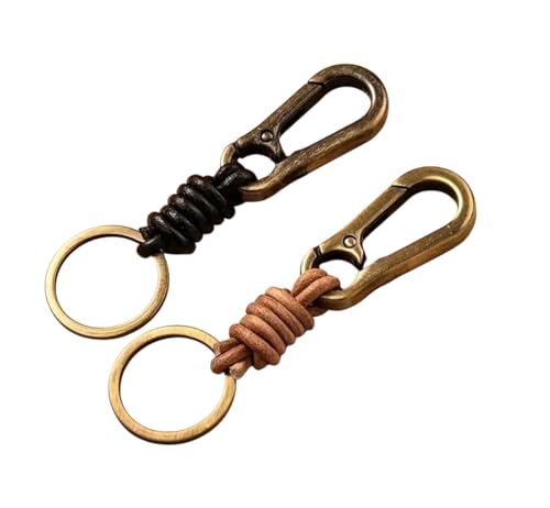 WOO MANTO Retro Rindsleder Schlüsselanhänger Set – 2er Pack mit Vintage Leder Seil & Karabiner – Braun & Schwarz von WOO MANTO