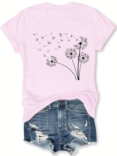 Damen Löwenzahn T-Shirt Blume Shirt Damen Geschenk für Sie Löwenzahn Shirt Damen niedlich Kurze Ärmel（Pink L） von WOOD MEETS COLOR