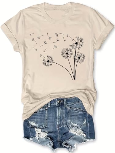 Damen Löwenzahn T-Shirt Blume Shirt Damen Geschenk für Sie Löwenzahn Shirt Damen niedlich Kurze Ärmel（Sand XL） von WOOD MEETS COLOR
