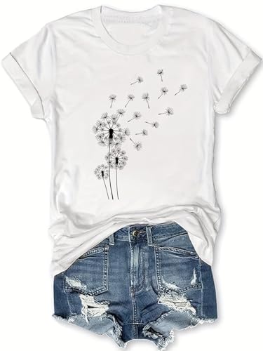 Damen Löwenzahn T-Shirt Blume Shirt Damen Geschenk für Sie Löwenzahn Shirt Damen niedlich Kurze Ärmel（White1, M） von WOOD MEETS COLOR