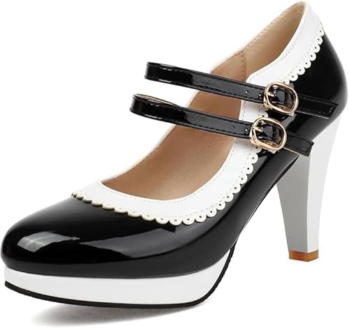 Fashion Women High Heels Closed Round Toe Pumps Leather Summer Sweet Shoe（Black12，38） von WOOD MEETS COLOR