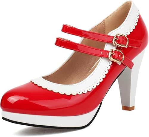 Fashion Women High Heels Closed Round Toe Pumps Leather Summer Sweet Shoe（Red12，37） von WOOD MEETS COLOR